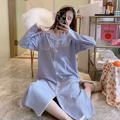 Spring and Autumn new nightdress cotton long sleeve solid color cute Korean ins students over the knee long version of loose pajamas women