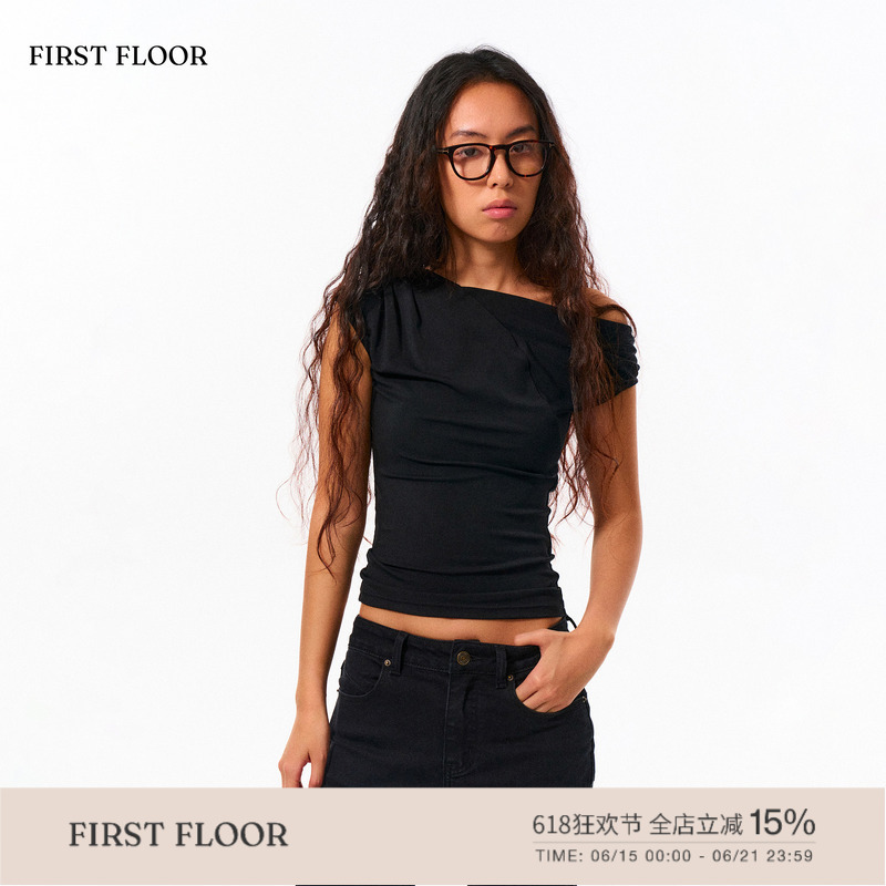 Firstfloor Tencel Blend Stretchy Asymmetrical Shoulder Design Slim Fit Waist-Cinching Short Sleeve Top for Women