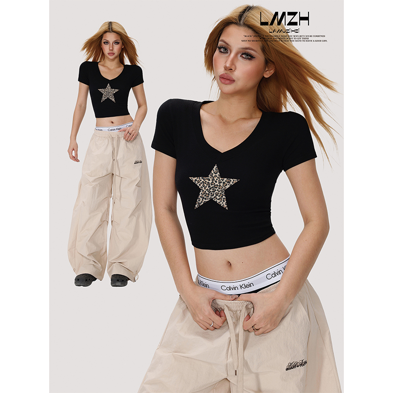 Spicy Black American-Style Black V-Neck Short-Sleeve T-Shirt for Women, New Summer Style, Elegant and Slim-Fitting, Hot Girl Crop Top