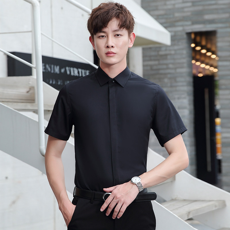 Dark shirt with black shirt male long sleeve Korean version handsome with ironing-free inner lap elastic round collar shirt for bottom business is loading Korean version
