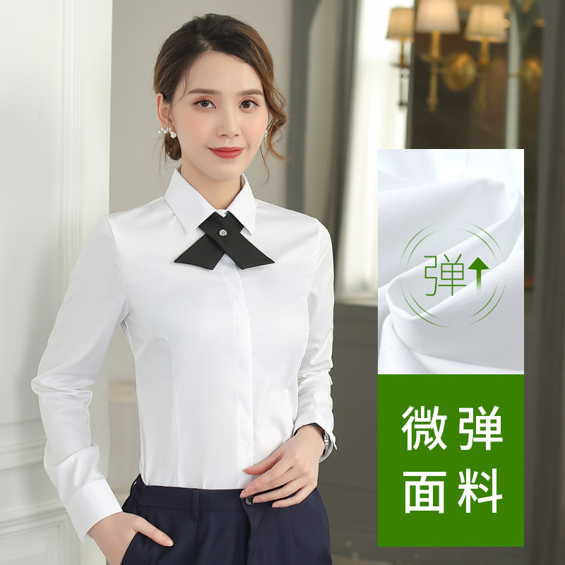 Spring Summer White Shirt Woman Professional Dress Long Sleeve Workwear V Collar Positive Dress Free Ironing Shirt Tooling Elastic thin OL Black