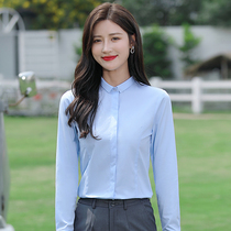 Professional Dress Lady Shirt Spring Summer Style Long Sleeve Blouse Dress Positive Dress Working Suit No Collar White Shirt V Collar Blue Tooling