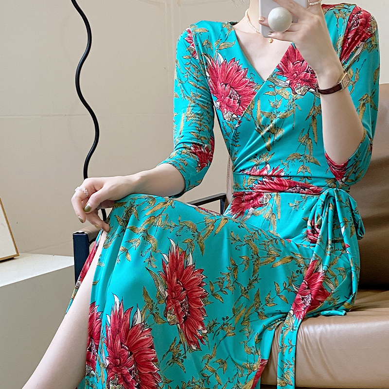 Elegant Peony Flower~ Banquet High-End Dress V-Neck National Style Slimming Long Dress One-Piece Floral Wrap Dress for Women