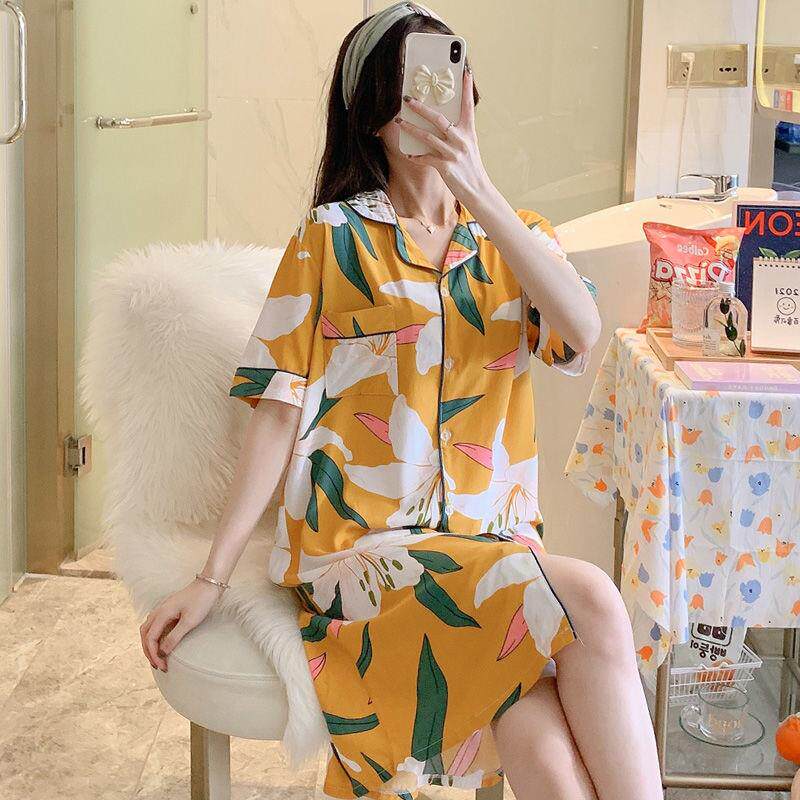 Silk-silk pyjamas woman Summer thin section European version shirt dress up and down dress pregnant woman can wear cotton silk artificial cotton sleeping dress outside