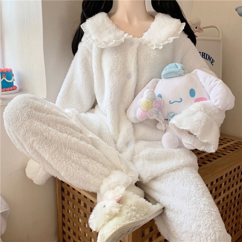 2021 autumn and winter new gush thickened sweet pyjamas woman lace leading princess wind home suit female tide
