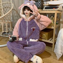 Day Ensemble Cute Pyjamas Woman 2021 Fall new sweet and long sleeves Coral Suede Conjoined Thickened Home Wear External Wear