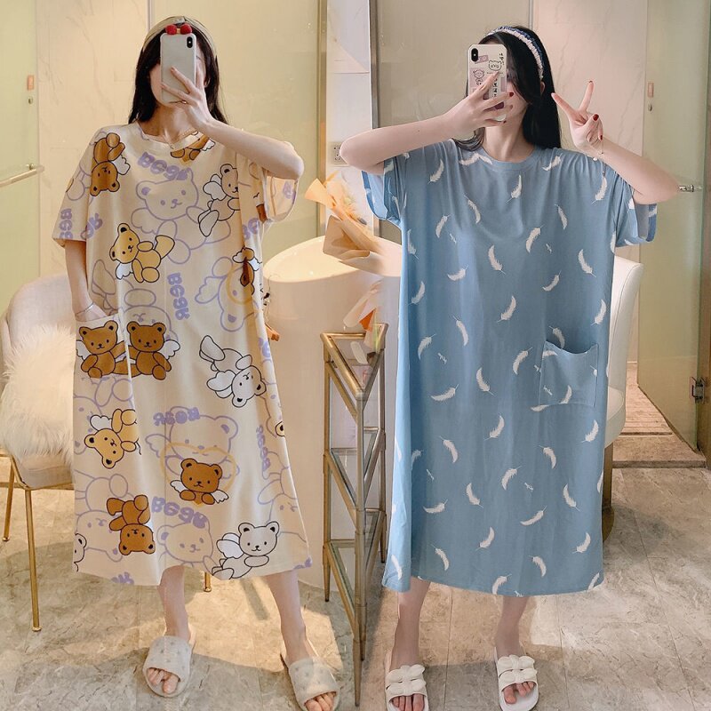 Pajamas woman summer size 200 pounds of fat MM pregnant women loose in 2021 new sleepdress thin long version of the weight increase