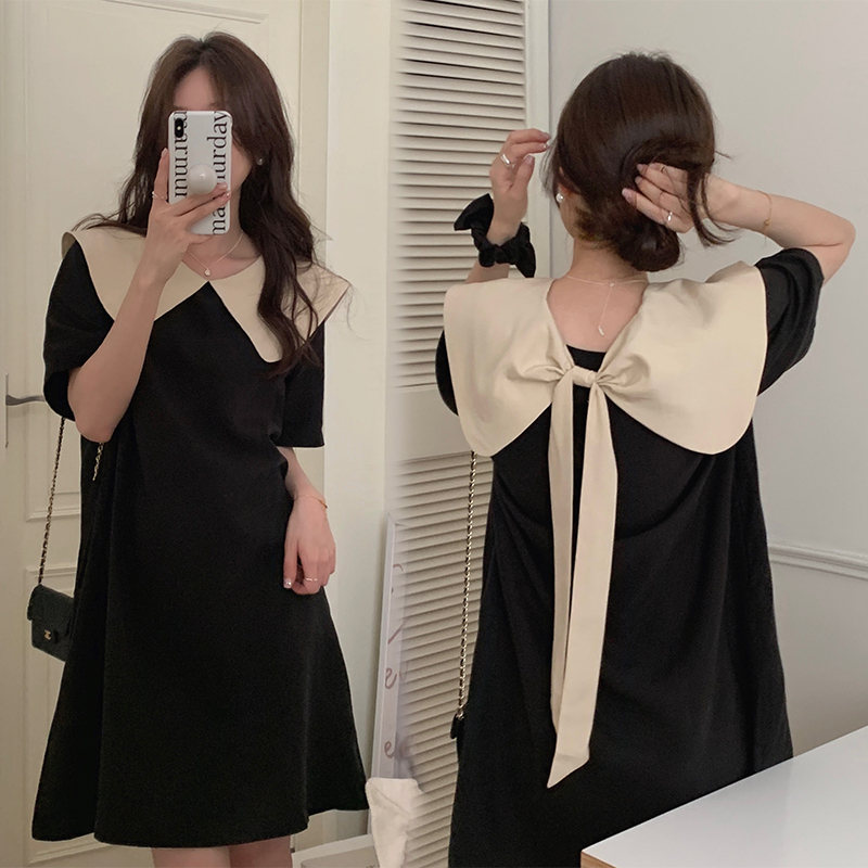 Maternity Dress for Petite Women, Short Summer Dress, Slimming Plus-Size T-Shirt Dress, Fashionable Age-Reducing Doll Collar Dress for Pregnant Mothers