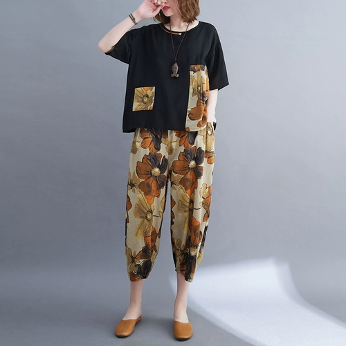 Летняя одежда для пожилых людей для матери, комплект, футболка с коротким рукавом для отдыха, для среднего возраста, из хлопка и льна