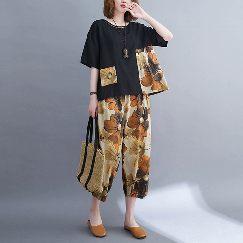 Летняя одежда для пожилых людей для матери, футболка, комплект, для среднего возраста, большой размер, короткий рукав, из хлопка и льна