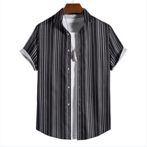 Summer new men's black and white striped shirt youth men's c