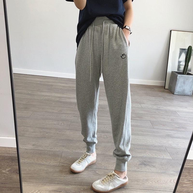 Grey sports pants women's spring and autumn loose bundle feet thickening and thin all-match plus velvet nine points straight casual thick cotton pants tide brand