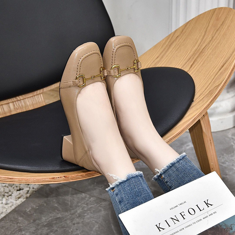 Leather retro shoes exploded female heel 2022 new soft - leather shallow single shoes female French heel shoes