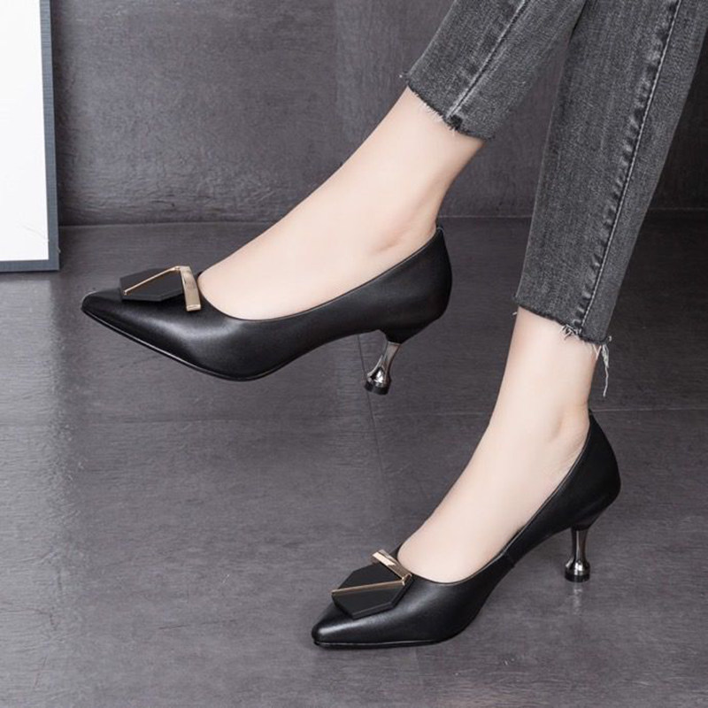 High Heel Shoes True Leather Shoes Children 2022 New Seasons Small Single Shoes Seven Words Button Cashmere Temperament Fine Heel Working Shoes