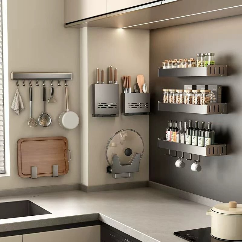 German Stainless Steel Kitchen Knife Holder Wall-Mounted Punch-Free Chopstick Holder Integrated Storage Rack Multi-Functional Hook Storage Rack German Stainless Steel Kitchen Knife Holder Wall-Mounted Punch-Free Chopstick Holder Integrated Storage Rack Multi-Functional Hook Storage Rack