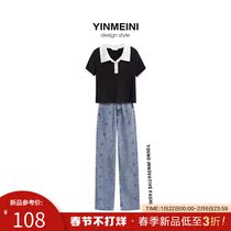 Spring new Korean version of contrast black short sleeve T-shirt women retro slim slim short navel thin coat ins tide