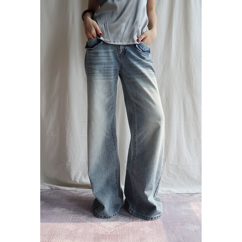 3Qha Original Low-Rise Vintage Whiskered Washed No-Waistband Wide-Leg Jeans 3Qha Original Low-Rise Vintage Whiskered Washed No-Waistband Wide-Leg Jeans