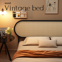 Original element official flagship store antique style solid wood rattan bed 1 8m double bed rattan bed retro walnut simple