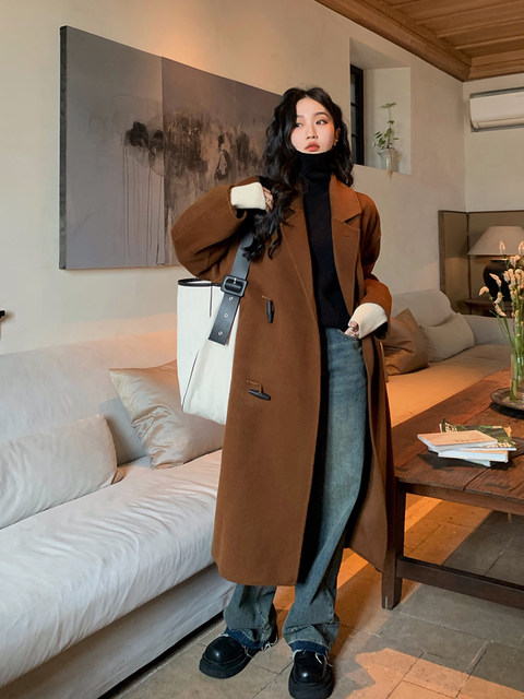 Ren Xiaoyi horn button double-sided woolen coat for women 2024 winter new style mid-length loose thickened coat