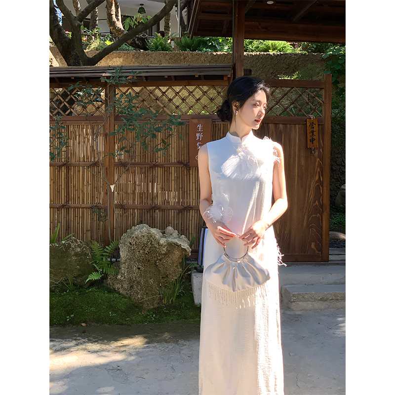 Xiu Ran Jian Xing [Xian Yun] Sleeveless Stand Collar Feather Chinese Style Gentle Long Dress for Women, Spring and Summer National Style Slim Fit Long Dress