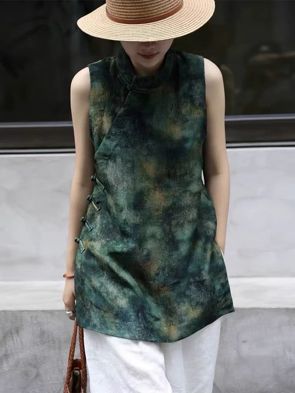 Look! Retro Tie-Dye New Chinoiserie Sleeveless Shirt for Women 2025 Summer Oblique Placket Button Mid-Length Vest Top for Women