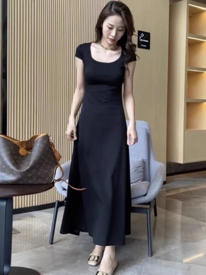 法式方领蓝色T恤连衣裙女夏季小个子修身显瘦气质高级感A字长裙子