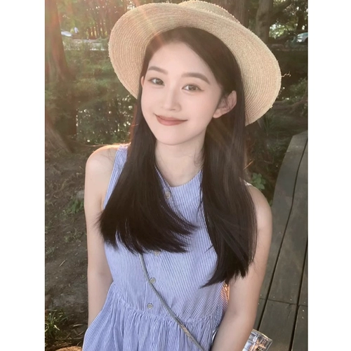 Синее летнее платье без рукавов, приталенный корсет, длинная юбка для принцессы, французский стиль, А-силуэт