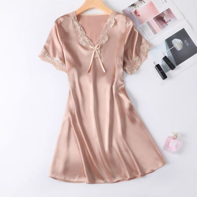 睡衣女夏薄款仿真丝短袖蕾丝韩版新款高档丝绸性感冰丝大码睡裙