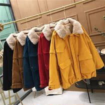 Fur-collar tooling cotton clothing womens short winter coat new Korean version loose student plus velvet thickened cotton-padded jacket
