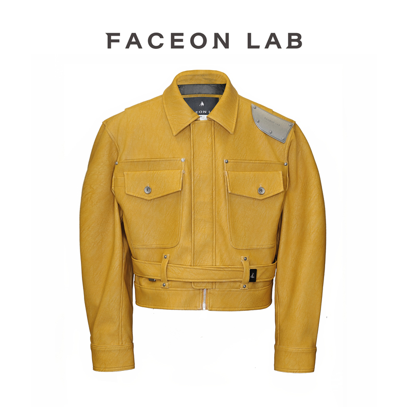 [Same Style as Zhang Jie] Faceonlab Original Metal Shoulder Patch Leather Jacket Men's Leather Clothing Celebrity Style Jacket