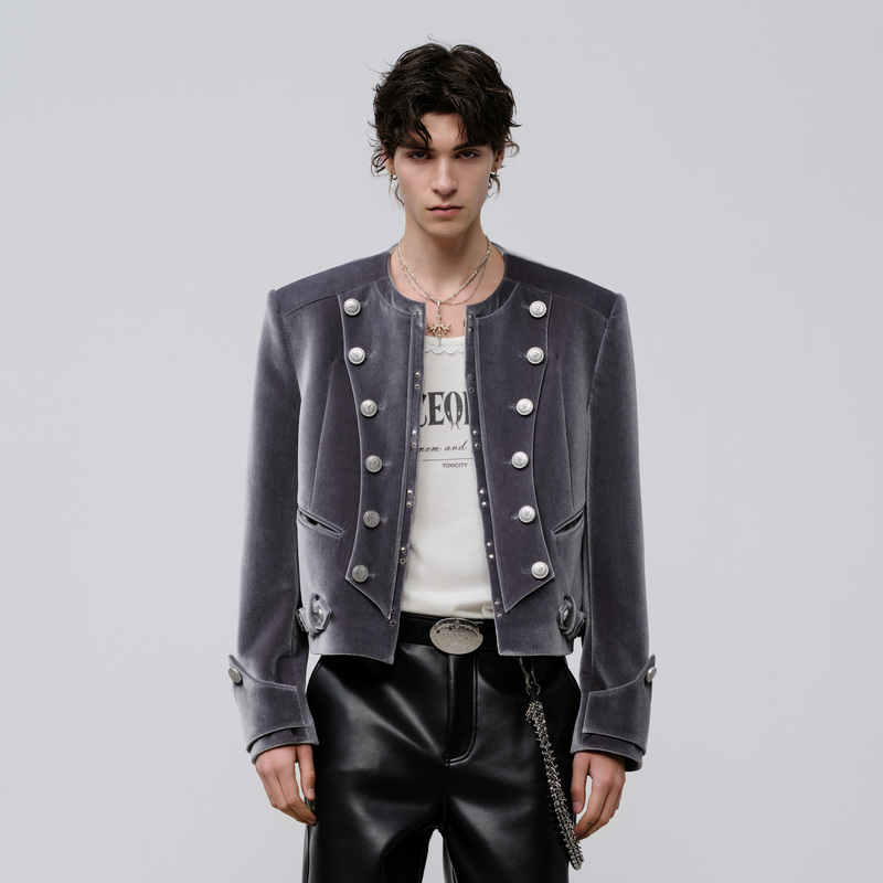Fly up to Faceonlab and Get a Velvet Napoleon Jacket with Metal Button Embellishments, a Short Stage Performance Men's Jacket