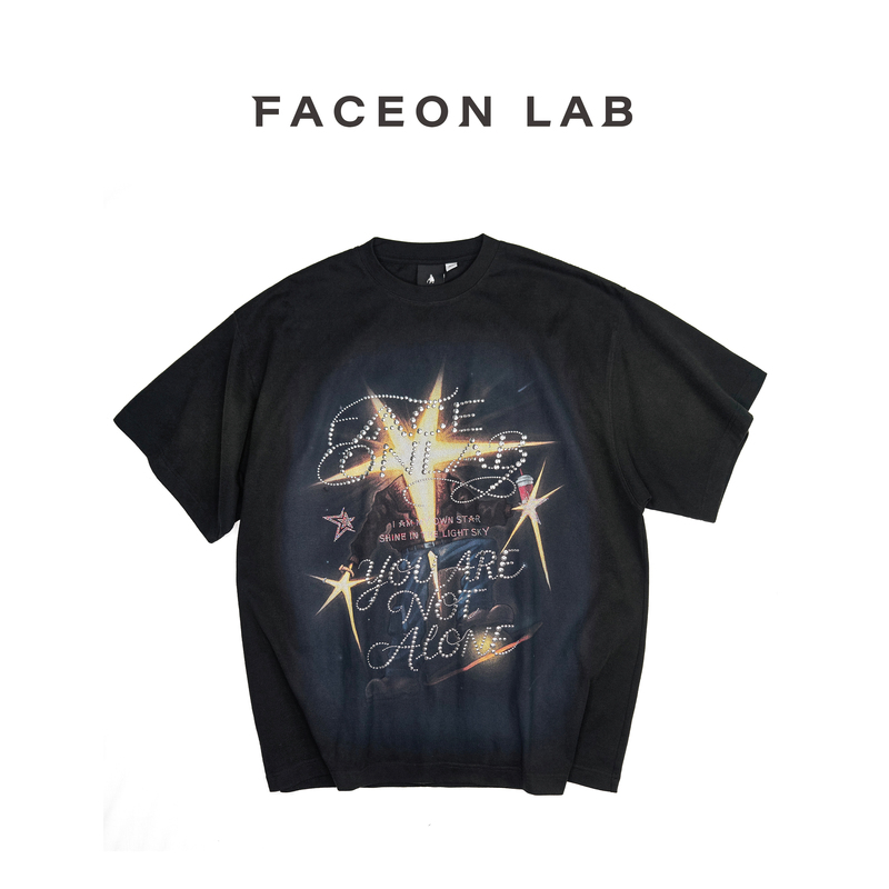 [Celebrity Style] Faceonlab Original Starboy Casual Print Rhinestone Washed Short Sleeve T-Shirt