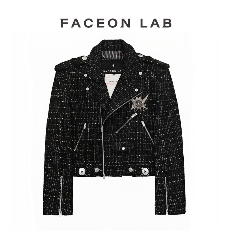 Aixin's Same Style Faceonlab Chanel-Inspired Biker Jacket with Metal Badge Designer Short Black Coat