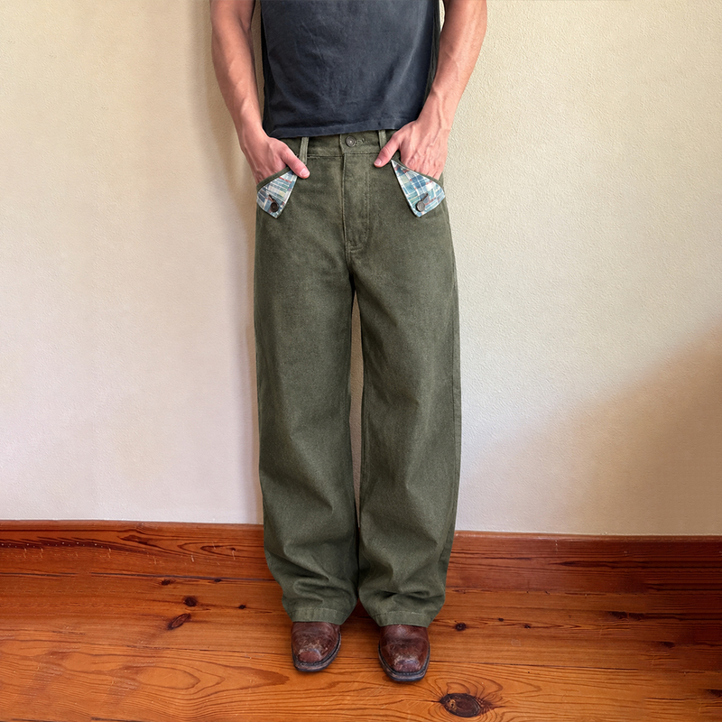 American-Style Kanglong Alternative, Military Green Raw Denim 14-Ounce Baggy Straight Loose Plaid Pocket Jeans for Men and Women American-Style Kanglong Alternative, Military Green Raw Denim 14-Ounce Baggy Straight Loose Plaid Pocket Jeans for Men and Women