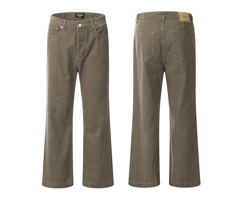 Front and back view of EastLyst's Retro Distressed Flare Pants from the 2025 summer collection, featuring classic five-pocket styling, belt loops, two back pockets, and a brown leather patch on the waistband.