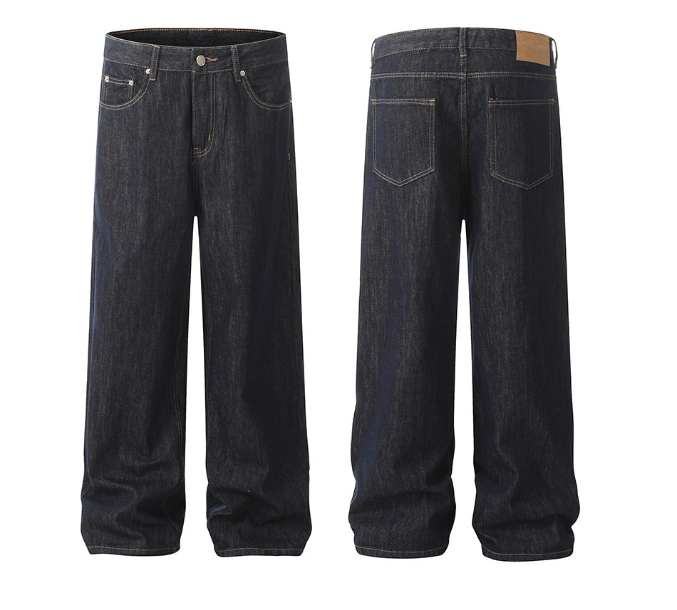 Front and back view of EastLyst Vintage Jeans in dark blue premium raw denim, featuring relaxed straight legs, classic pockets, button closure, and a tan waistband patch.