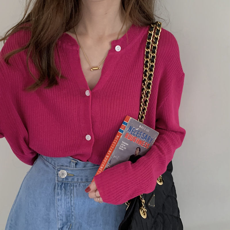 2021 spring hot pink pit striped knit women's jersey version loose display slim round collar short coat long sleeve blouse woman