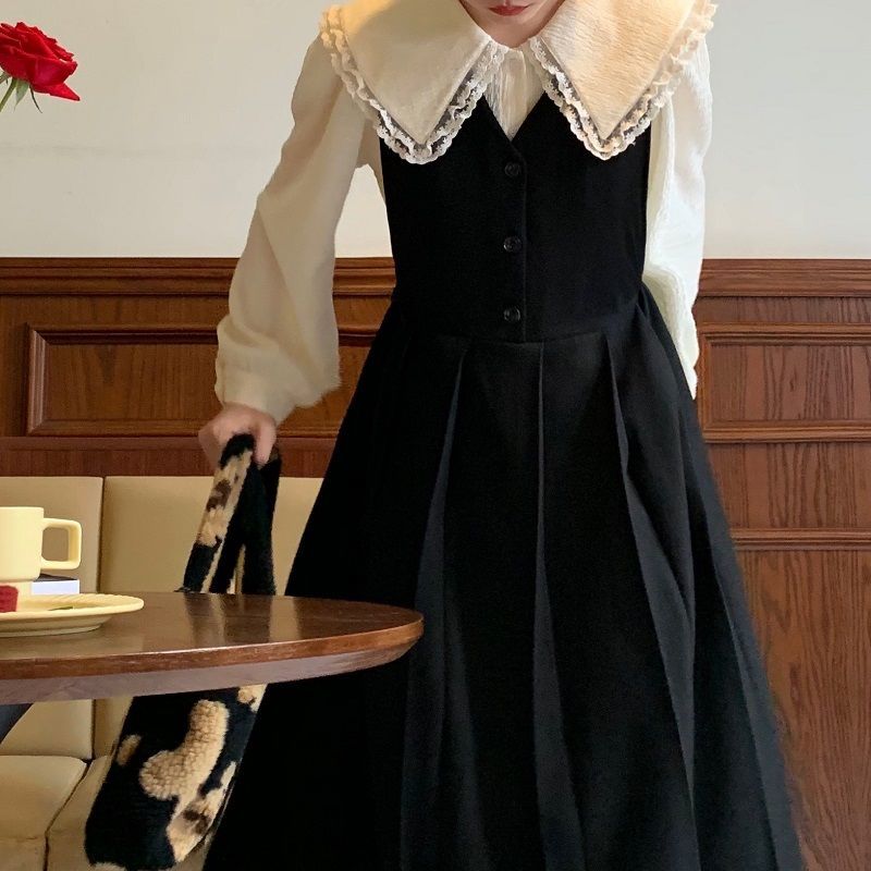 College Wind Retro Women's Long Version Spring 2021 New 100 Hitch-Style Cuddling Bag Dress Shirt Foreign Pie two sets of women