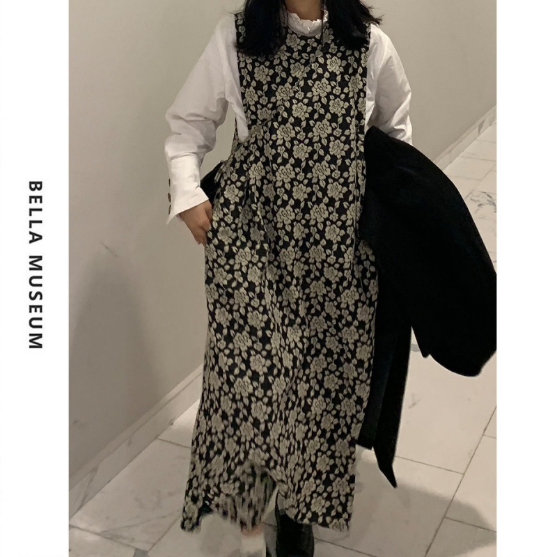 2021 spring new gentleness 100 hitch solid black white flowers half high collar bottom dress shirt two-piece suit woman