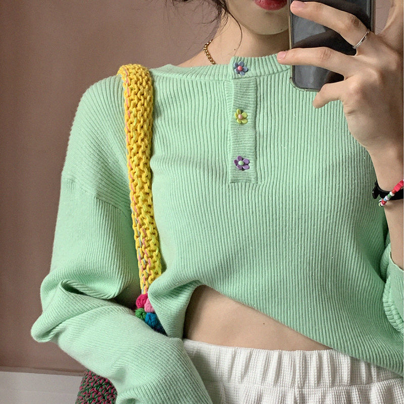 Retro Port Taste Knit Blouse Women 2021 Spring New Korean Version Design Sensation Small Crowdcollar Short sweater woman