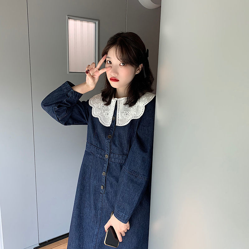 The Korean version of the Lean Straight Drum Retro Korean version Temperament Cowboy Dress Mid 2021 Spring new Doll Collar Tide