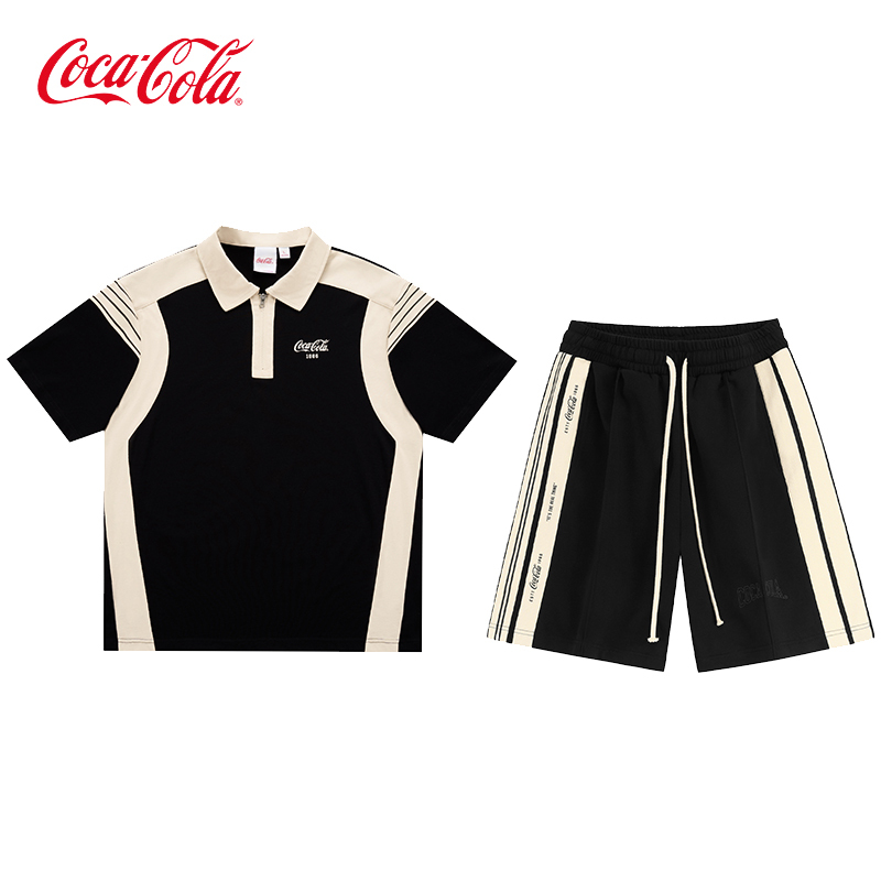 Coca-Cola Stripe Short-Sleeve Polo Shirt Men's Embroidered Cool Casual Sports Shorts Set Coca-Cola Stripe Short-Sleeve Polo Shirt Men's Embroidered Cool Casual Sports Shorts Set
