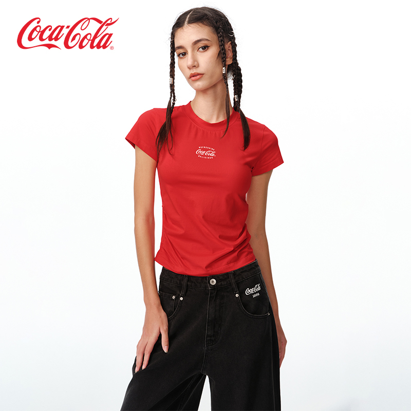 [Same Style as in Shopping Malls] Coca-Cola Pleated Basic Solid Color Letter Print Short-Sleeve T-Shirt