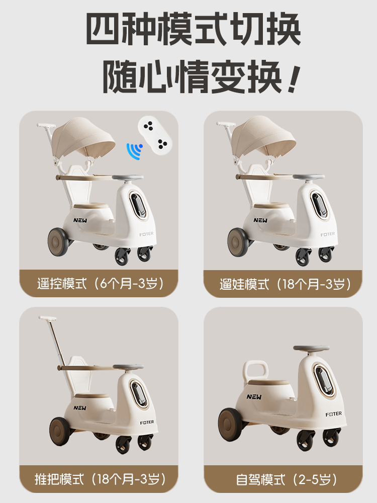 Children's Electric Car with Remote Control Motorcycle, Baby Four-Wheel Scooter, 1-3 Year Old Baby Stroller Toy, Rechargeable