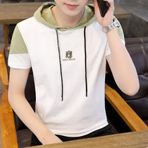 Tide brand thin hooded short-sleeved T-shirt mens Korean version of the slim printed cotton breathable half-sleeved T-shirt casual clothes
