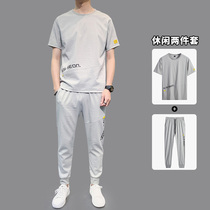 Tide brand casual suit mens summer loose trend ice silk mens short-sleeved T-shirt breathable sportswear two-piece set