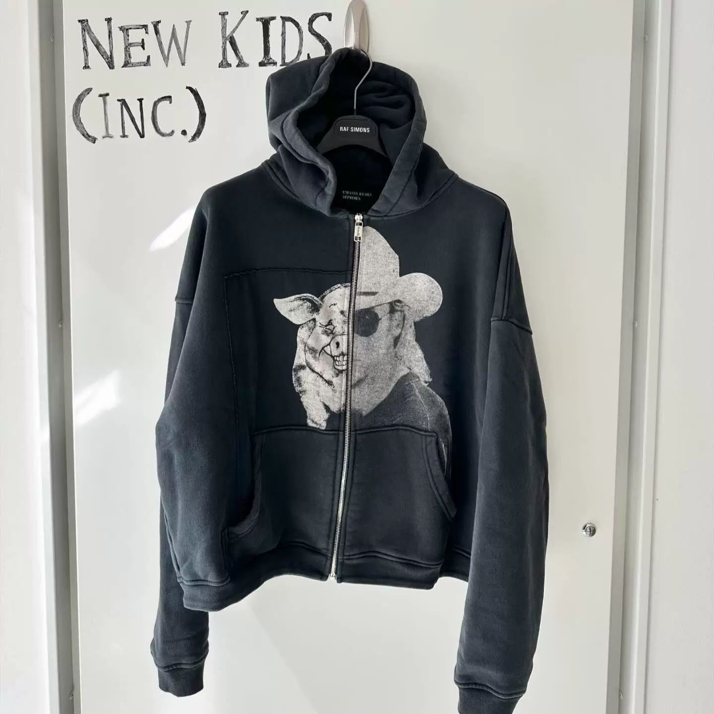 Enfants Riches DeprimesPig Man Enzyme Washed Distressed Patchwork Short Wide Zip Sweatshirt