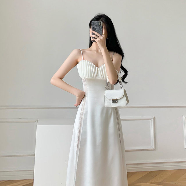 2023 Summer New Temperament Goddess Fan Waist Slimming French Fairy Dress Small Dress Backless Suspender Dress