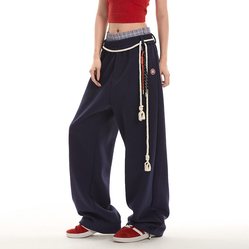 RESUMM 女性用アメリカヒップホップスポーツパンツ、トレンディなストリートダンスデザインウエストロープストレートジャズダンスカジュアルパンツ