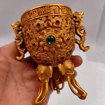 Antique old gilt copper inlaid with gems elephant leg wine glass a fine ornament that has been collected for many years and is a collection of antiques.